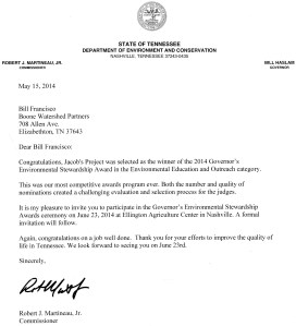 2014 Governor's Environmental Stewardship Award for Environmental Education  to Jacob's Project